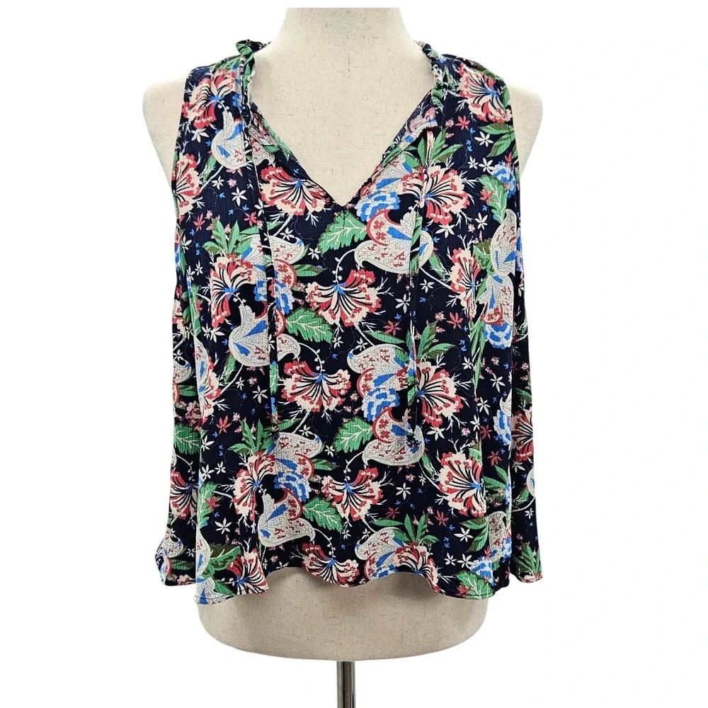 J.Crew Womens XS Navy Blue‎ Floral Viscose Sleeveless Tie Neck Blouse Top